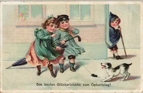 Geburtstag: Künstlerkarte Mädchen mit Hund - Junge 1911 Prägekarte
