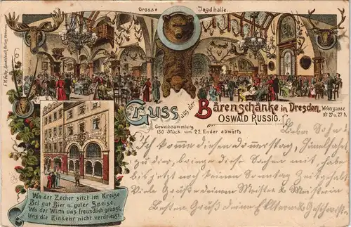 Litho AK Dresden Bärenschänke von Oswald Russig Webergasse Litho-AK 1895