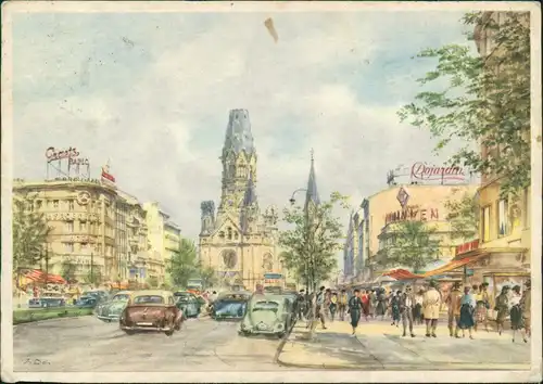 Charlottenburg-Berlin Gedächtniskirche - Kudamm, Künstlerkarte 1956