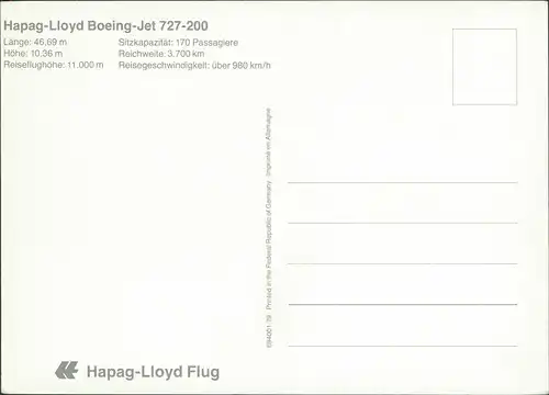 Ansichtskarte  Flugzeug AK Airplane Hapag-Lloyd Boeing-Jet 727-200 1970