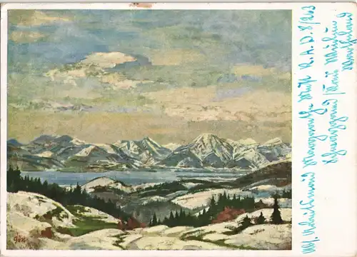 Künstlerkarte: Gemälde / Kunstwerke Bergwelt Winter 1937  gel. Landpoststempel