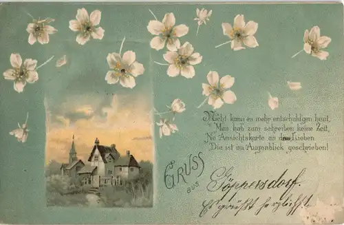 Künstlerkarte Blumen und Haus 1898  gel. Ankunftsstempel Hartmanndorf Leipzig