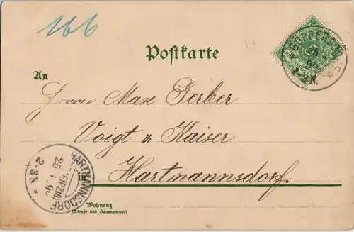 Künstlerkarte Blumen und Haus 1898  gel. Ankunftsstempel Hartmanndorf Leipzig