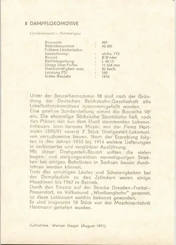 Verkehr Eisenbahn Zug Dampf-Lokomotive DDR Foto-Sammelkarte 1971