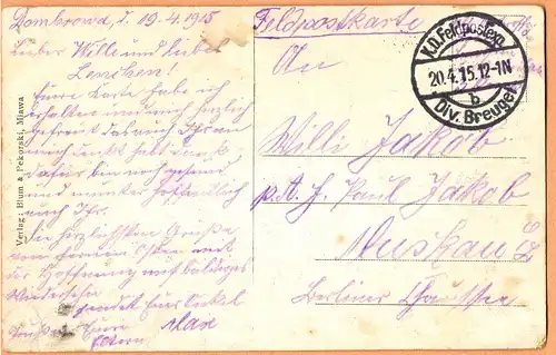 Postcard Mielau Mława Pensya 7 - Mio Kl. 1915  gel. Feldpost-Stempel