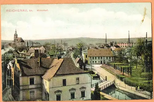 Postcard Reichenau in Sachsen Bogatynia Straßenpartie, Fabriken 1915
