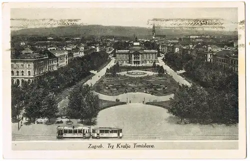 Zagreb Trg Kralja Tomislava, Tram Straßenbahn, Stadt-Panorama 1950