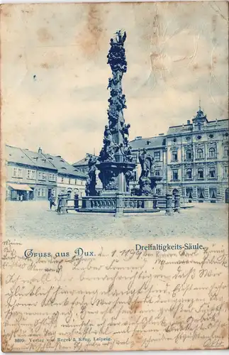 Postcard Dux Duchcov Dreifaltigkeits-Säule, Markt - Blaudruck 1899