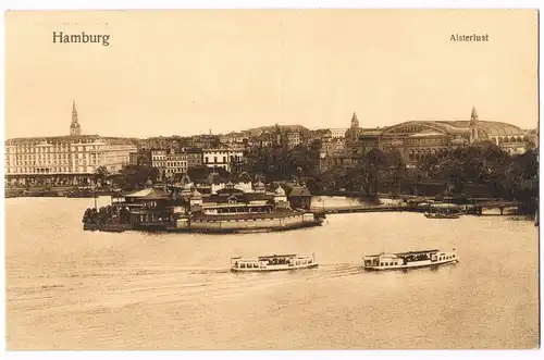 Ansichtskarte Hamburg Alsterlust, Alster Schiffe, Stadt Panorama 1910