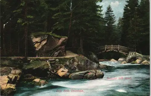 Oker-Goslar Okertal Brücke mit Insel - Werbung Hotel Romkerhalle 1909