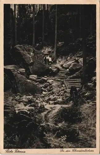 Ansichtskarte Rathen Schwedenlöcher, Wanderer 1927