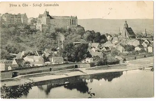 Ansichtskarte Pirna Stadt, Sonnenstein, Fabrik 1914/1923
