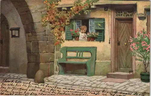 Ansichtskarte  Künstlerkarte Volkslieder Paul Hey - Die Lore am Tore 1916