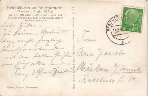 Ansichtskarte Pfronten (Allgäu) Stadtpartie 1954