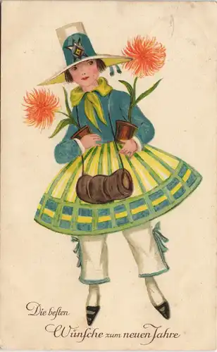 Ansichtskarte  Glückwunsch - Neujahr/Sylvester, verkleidete Frau 1925