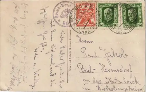 Postcard Jonsdorf (CZ) Janov Wilde Klamm, Fuchsstein 1925  gel. Mischfrankatur