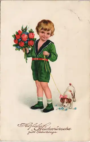 Glückwunsch/Grußkarten: Geburtstag Junge mit Hund und Blumenstrauss 1938