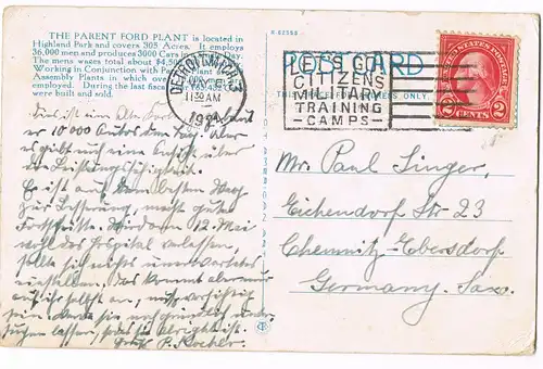 Postcard Detroit Ford Motor Plant (Autofabrik) 1924
