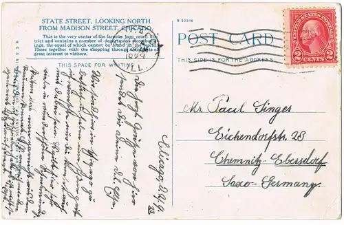 Postcard Chicago STATE STREET, LOOKING NORTH FROM MADISON STREET 1923