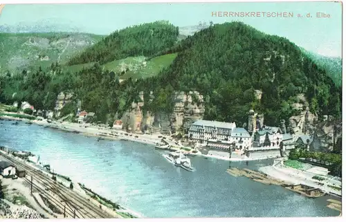 Postcard Herrnskretschen Hřensko Stadt, Dampfer - Bahnhof 1913