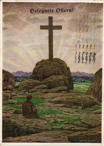 Gesegnete Ostern Mann vor Kreuz - Künstlerkarte 1935  gel. Mischfrankatur