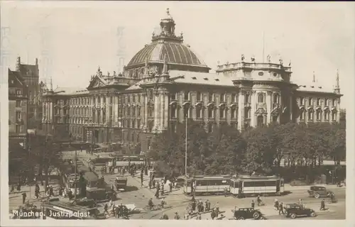 Ansichtskarte München Justizpalast, Straße - Straßenbahn Verkehr 1930