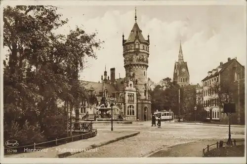 Ansichtskarte Herrenhausen-Hannover Flusswasserkunst, Straßenbahn 1927