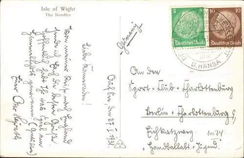 Ryde Isle of Wight 1938   gel Deutschem SEEPOST-Stempel des Dampfers D. HANSA