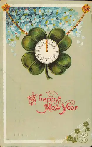 Uhr mit Kleeblatt (Neujahr & Glück) Happy New Year England 1920