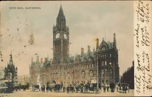 Postcard Manchester Town Hall (Rathaus), Kutschen Verkehr 1906
