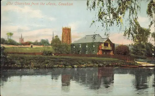 Postcard Evesham The Churches from the Avon, Evesham 1909