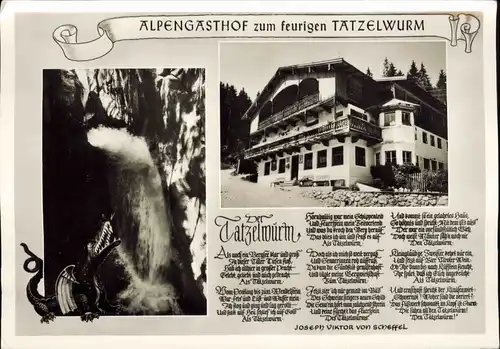 Oberaudorf Gasthaus Tatzelwurm, Wasserfall, Verse Viktor von Scheffel 1960