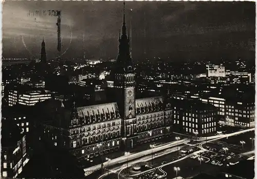 Altstadt-Hamburg Rathausmarkt Rathaus bei Nacht aus d. Vogelschau 1964