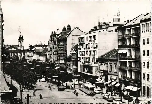 Debreczin Debrecen Stadtansicht, Rotearmeestrasse Straßenbahn Geschäfte 1965