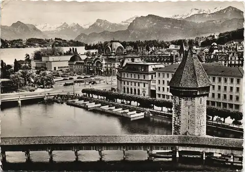 Luzern Lucerna Panorama-Ansicht, im Hintergrund Alpen Berge 1955