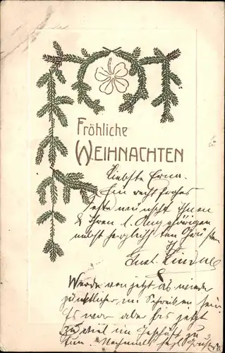 Weihnachten: Prägekarte Ornament Kleeblatt - Tannenzweige 1905 Prägekarte