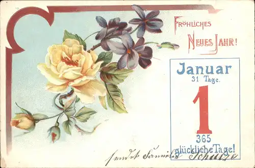 Ansichtskarte  Glückwunsch Neujahr 1. Janura Kalenderblatt mit Blumen 1904