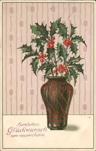 Mistelzweige in Vase - Künstlerkarte Neujahr/Sylvester 1911 Prägekarte