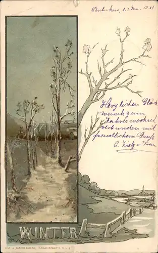 Neujahr/Sylvester - Winterlandschaft, JUFGENDSTIL - Künstlerkarte 1900 Perlen