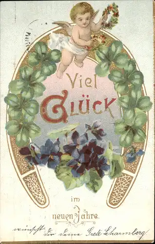 Neujahr/Sylvester Hufeisen mit Kleeblättern Engel 1905 Goldrand