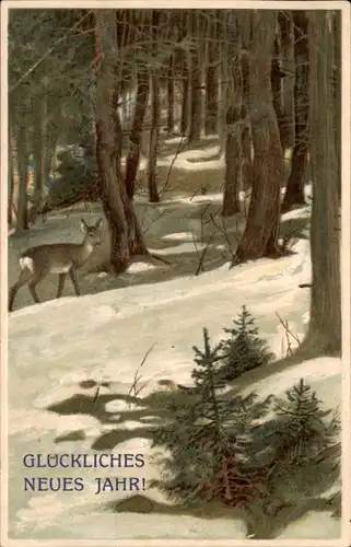 Neujahr/Sylvester Winterwald und Reh - Künstlerkarte 1908 Prägekarte
