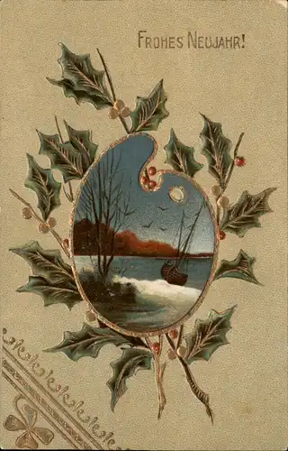 Neujahr/Sylvester Malerpalette Goldmisteln 1908 Goldrand/Prägekarte