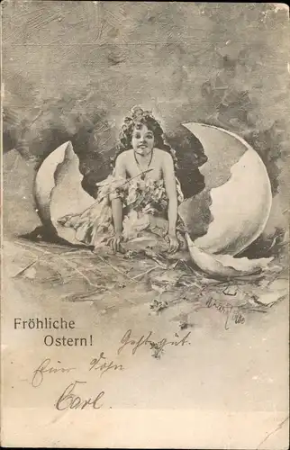 Glückwunsch Ostern / Easter junge schöne Frau kommt aus Ei - Künstlerkarte 1911
