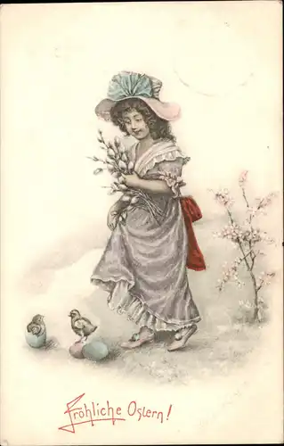 Glückwunsch Ostern / Easter Mädchen u. Küken Künstlerkarte 1907