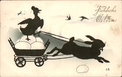 Ostern / Easter Schattenschnitt Osterhase zieht Wagen mit Henne 1916