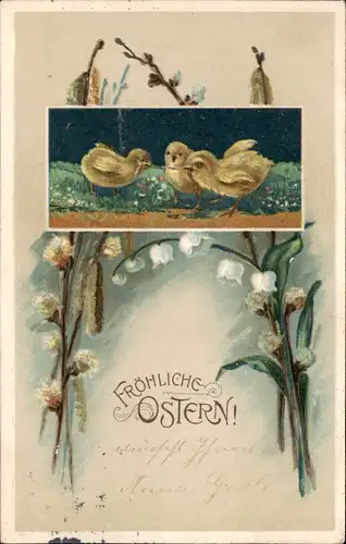 Glückwunsch Ostern / Easter Kücken Märzenbecher 1911 Prägekarte