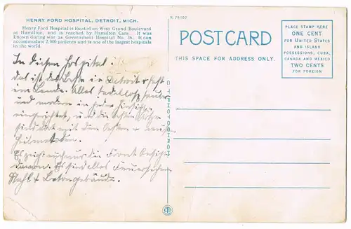 Postcard Detroit Henry Ford Hospital, Michigan USA, City View 1925