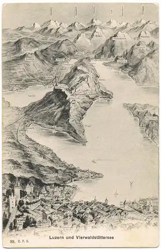 Ansichtskarte Luzern Lucerna Künstler-Landkarten AK Vierwaldstättersee 1911