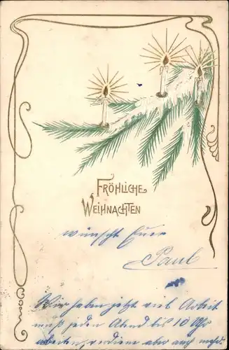 Weihnachten - Christmas, Kerzen Tannenbaum Jugendstil-Karte 1903  Prägekarte