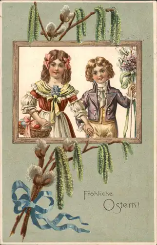 Glückwunsch Ostern / Easter, Künstlerkarte Junge und Mädchen 1908